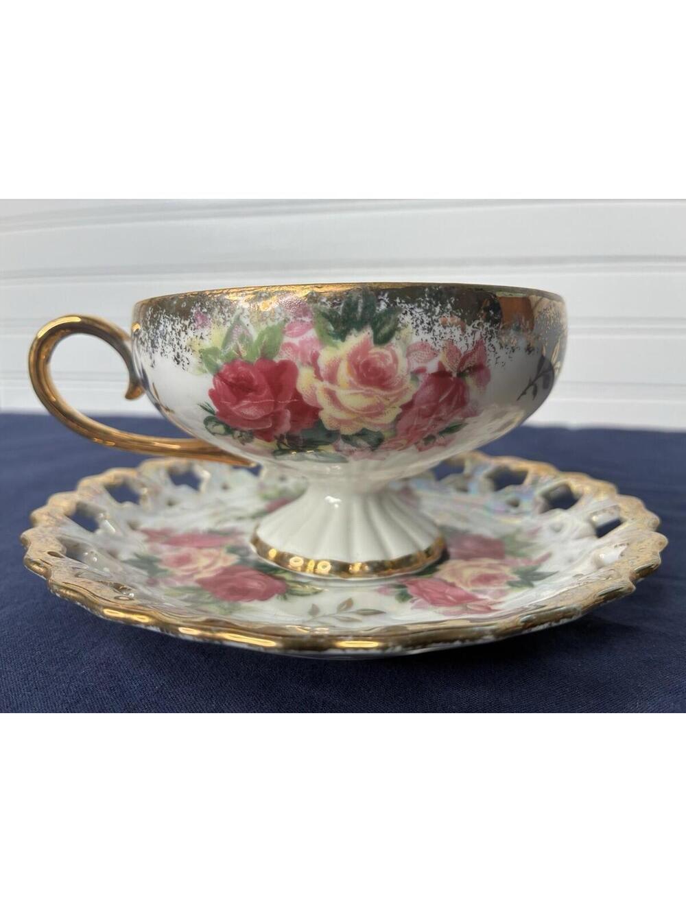 Royal Halsey Very Fine Vintage Gold Trimmed Teacup and Saucer - Pink Roses